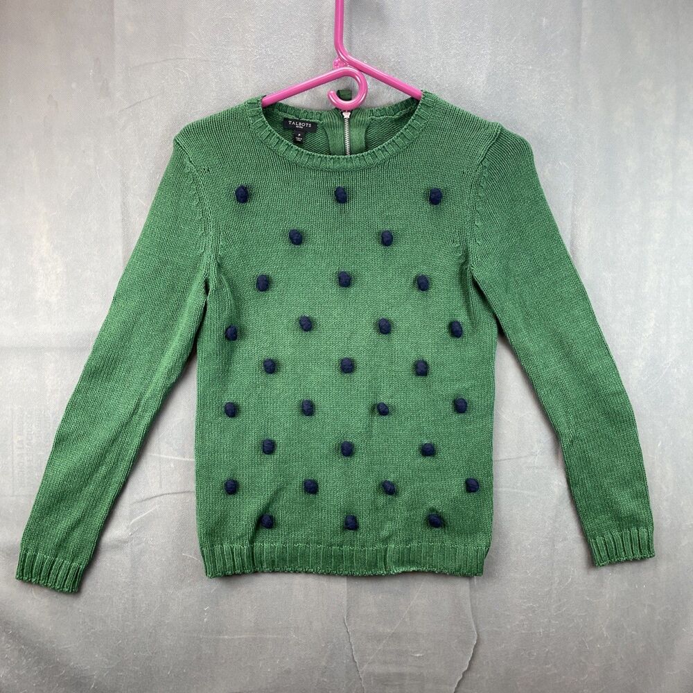 Talbots Pom Pom Sweater Womens petite Green Knit Back Zip Long Sleeve Pullover